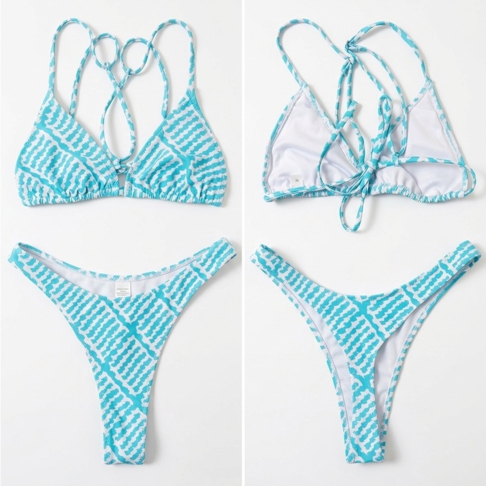 SHEIN Blue White Patterned Strappy Triangle Bikini